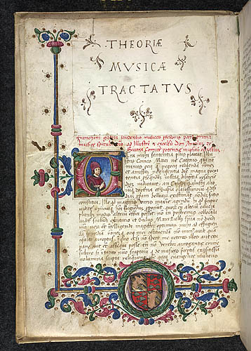 Historiated initial and partial border with heraldic arms, at the beginning of Franchino Gafori's Theoriae Musicae Tractatus. Domaine public. Source : British Library