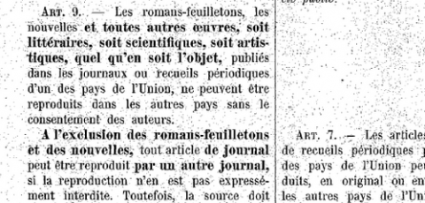 Le texte de la Convention de Berne est au centre, celui de la convention de Paris (1896) à droite et celui de la convention de Berlin (1908) à gauche.