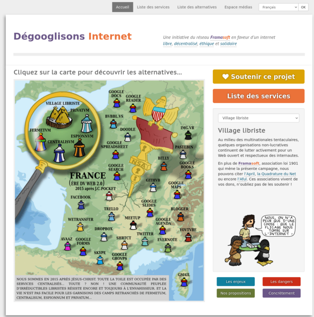 Capture écran de la page d'accueil de la campagne « Dégooglisons Internet », en 2015, telle que présentée sur <a href="https://web.archive.org/web/20160314061810/http://degooglisons-internet.org/" target="_blank" rel="noopener">archive.org</a>