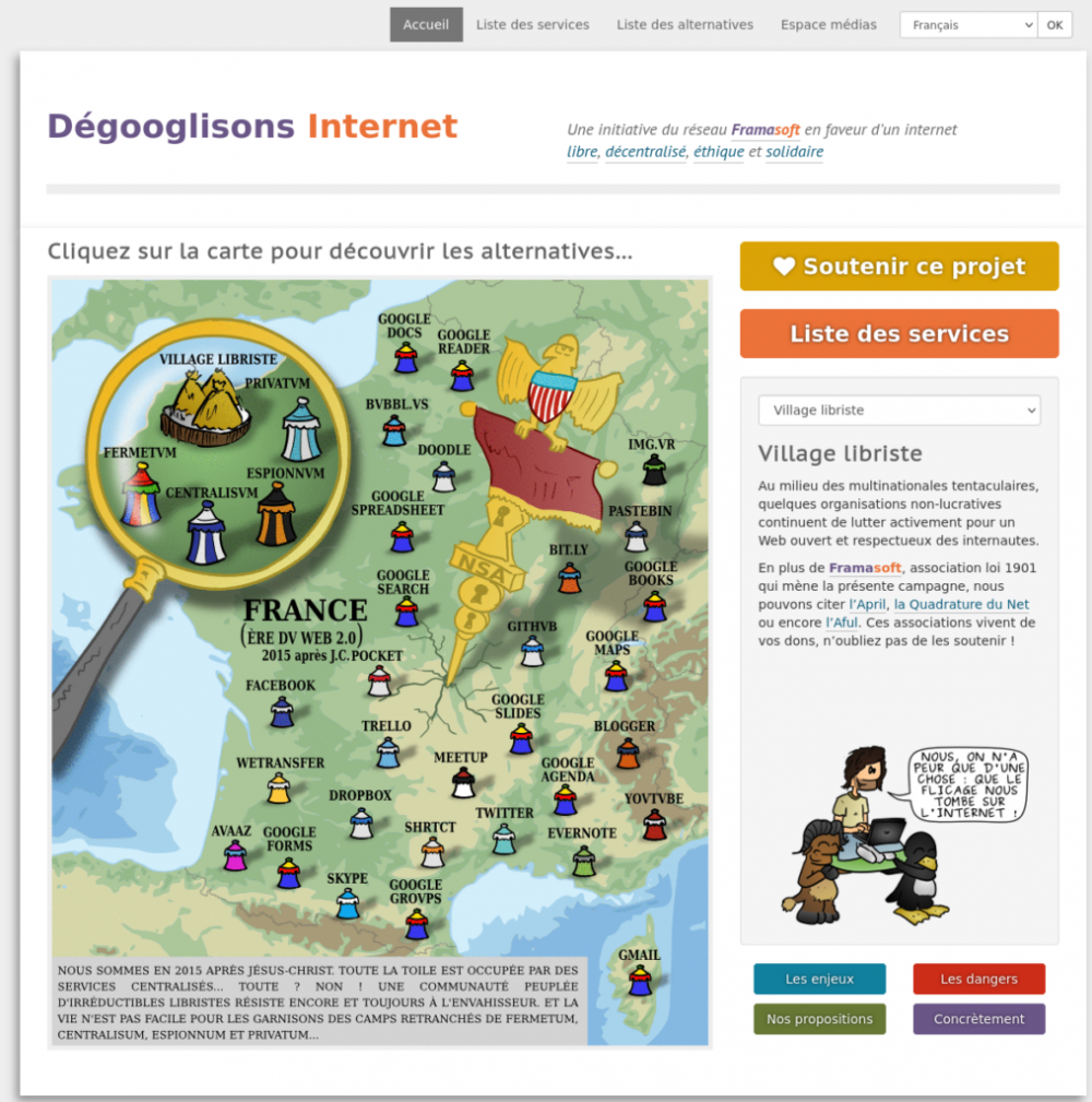 Capture écran de la page d'accueil de la campagne « Dégooglisons Internet », en 2015, telle que présentée sur <a href="https://web.archive.org/web/20160314061810/http://degooglisons-internet.org/" target="_blank" rel="noopener">archive.org</a>