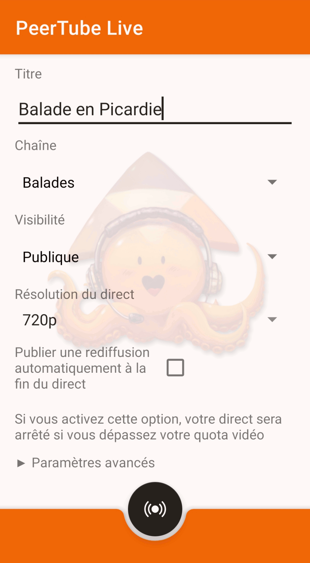 gif montrant l'ajout d'un live sur l'applicaiton peertube live app