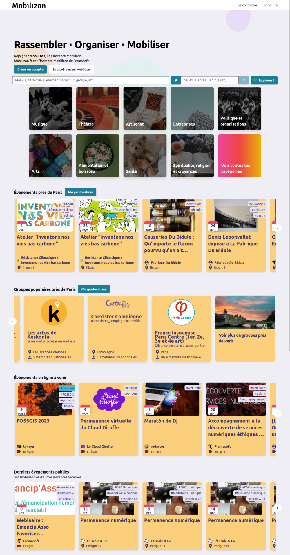 Nouvelle page d'accueil de Mobilizon v3
