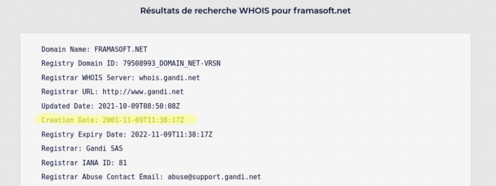 WHOIS du domaine Framasoft.net, réservé chez Gandi le 09 novembre 2001.