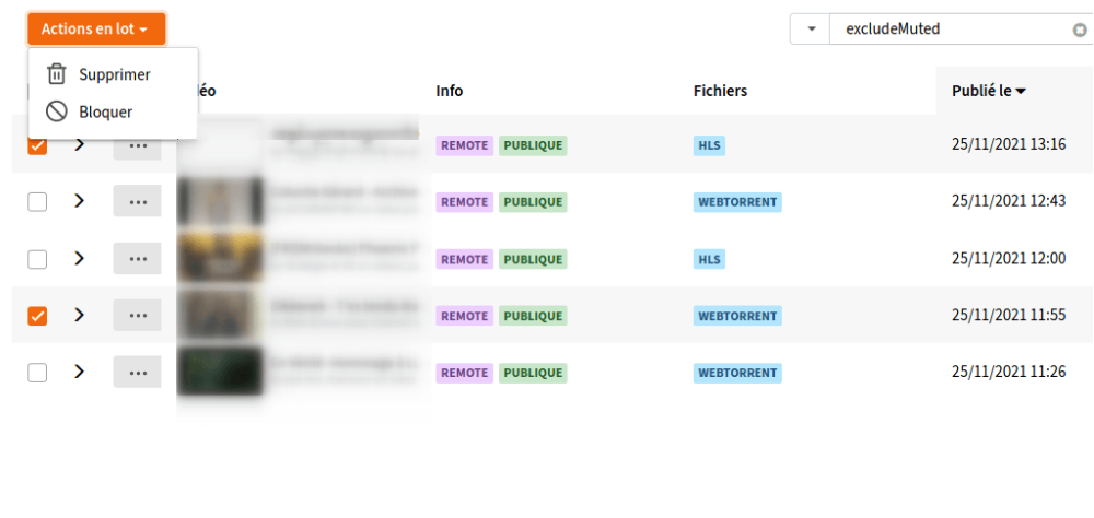 vue en tableau de l’administration de vidéos sur PeerTube