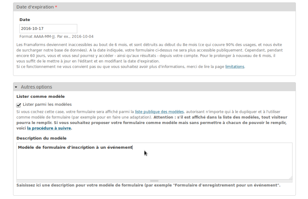 Options de création