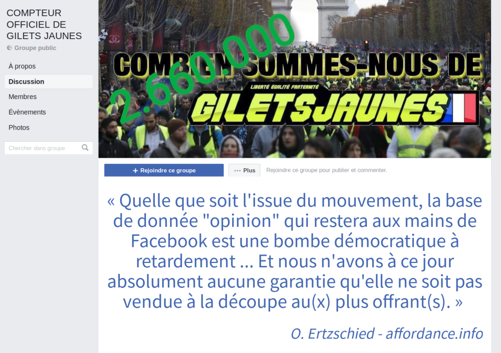 Groupe gilets jaunes sur Facebook : « Quelle que soit l'issue du mouvement, la base de donnée "opinion" qui restera aux mains de Facebook est une bombe démocratique à retardement ... Et nous n'avons à ce jour absolument aucune garantie qu'elle ne soit pas vendue à la découpe au(x) plus offrant(s). »