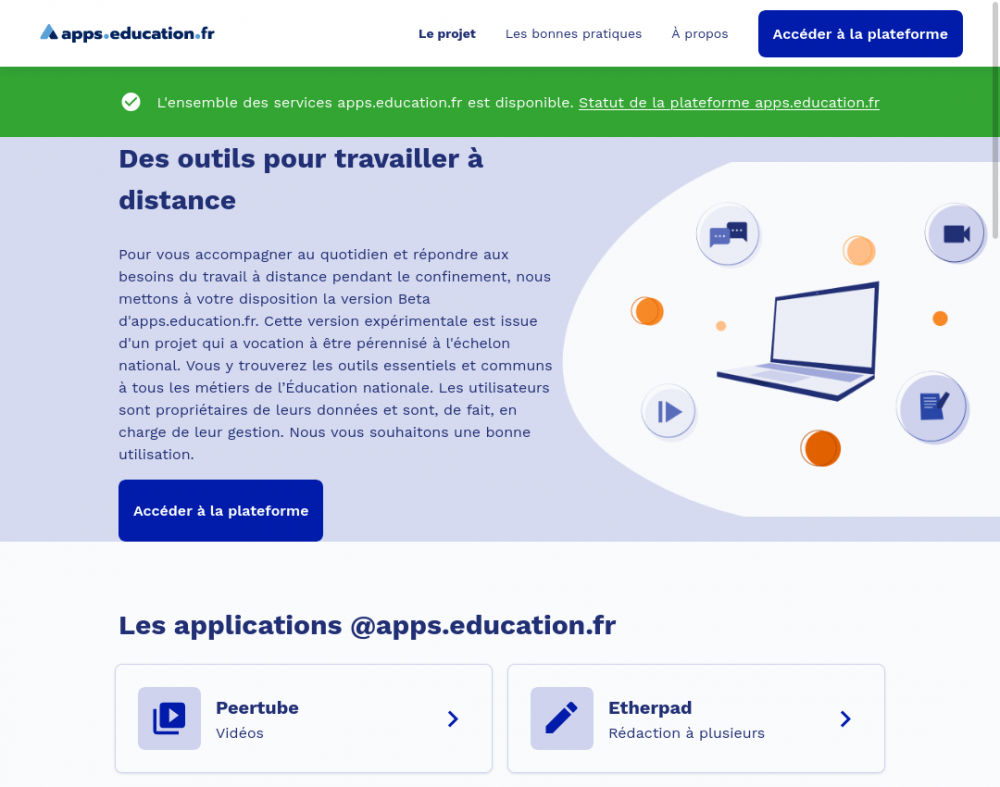 capture d'écran de la plateforme apps.education.fr proposant PeerTube