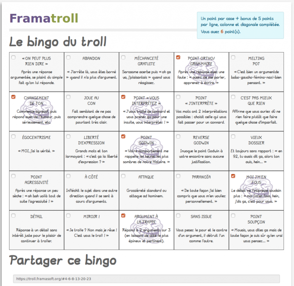 Nous n'avons par contre aucun chiffre sur votre chasse aux trolls grâce à Framatroll