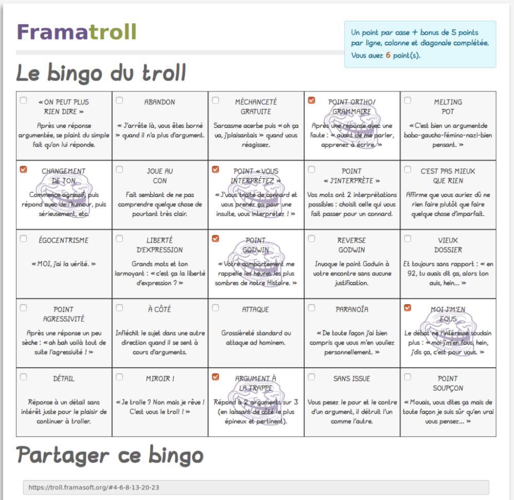 Nous n'avons par contre aucun chiffre sur votre chasse aux trolls grâce à Framatroll