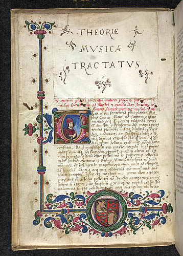  Historiated initial and partial border with heraldic arms, at the beginning of Franchino Gafori's Theoriae Musicae Tractatus. Domaine public. Source : British Library