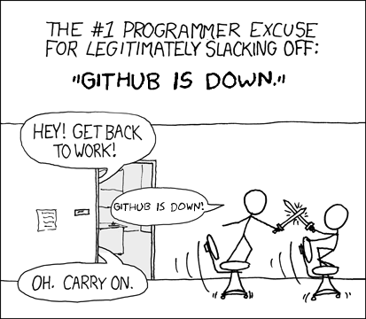 githubdown L’excuse n°1 des programmeurs pour se lâcher sans scrupules : « GitHub est en panne » — Hé, au boulot les gars ! — Github est en panne ! — Ah bon, continuez alors.