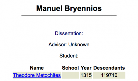 Un exemple de triplet : la fiche de « Manuel Bryennios », sur le Mathematical Genealogy Project