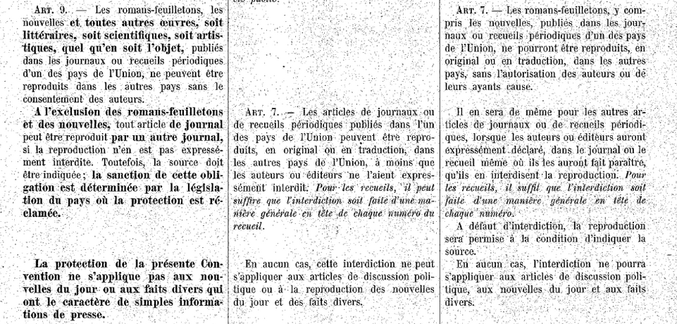 Le texte de la Convention de Berne est au centre, celui de la convention de Paris (1896) à droite et celui de la convention de Berlin (1908) à gauche.