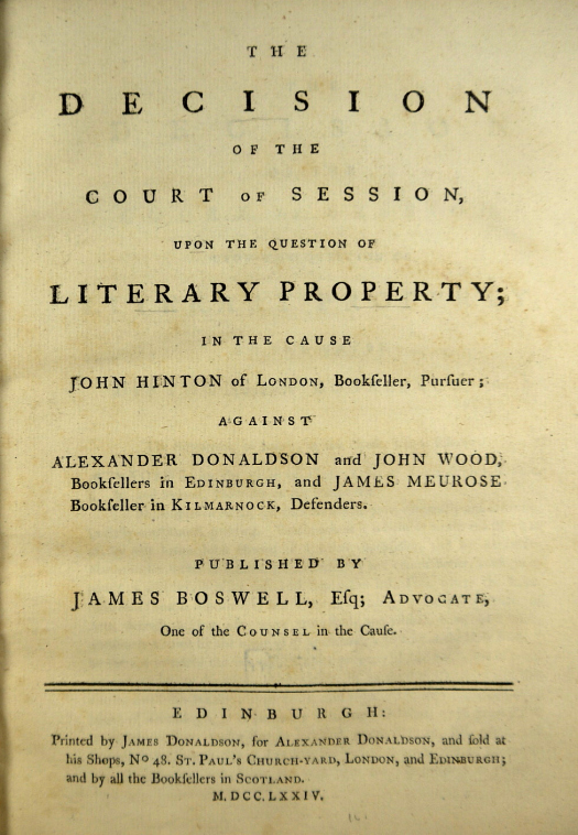 Prise en 1774, la décision Donaldson v. Beckett rejette définitivement le copyright perpétuel.