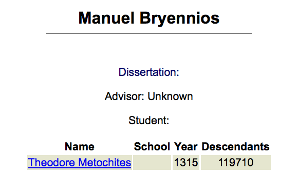 Un exemple de triplet : la fiche de « Manuel Bryennios », sur le Mathematical Genealogy Project