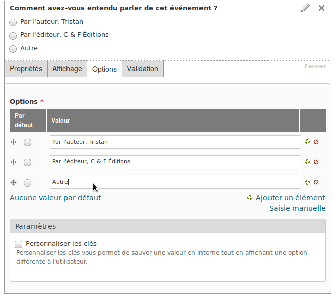 Ajout de boutons de sélection