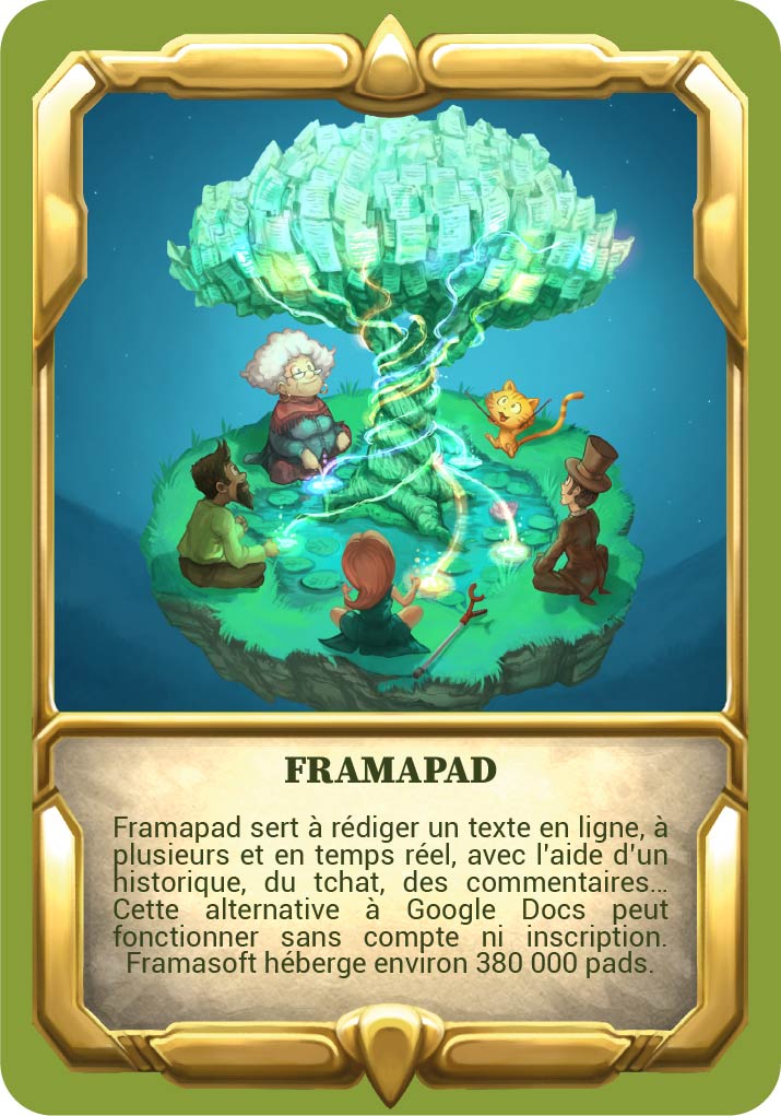 carte Framapad avec le texte "Framapad sert à rédiger un texte en ligne, à plusieurs et en temps réel, avec l’aide d’un historique, du tchat, des commentaires… Cette alternative à Google Docs peut fonctionner sans compte ni inscription. Framasoft héberge environ 380 000 pads."