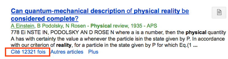 La fonction « Cité par » de Google Scholar appliquée à l'article culte de la physique quantique, EPR…