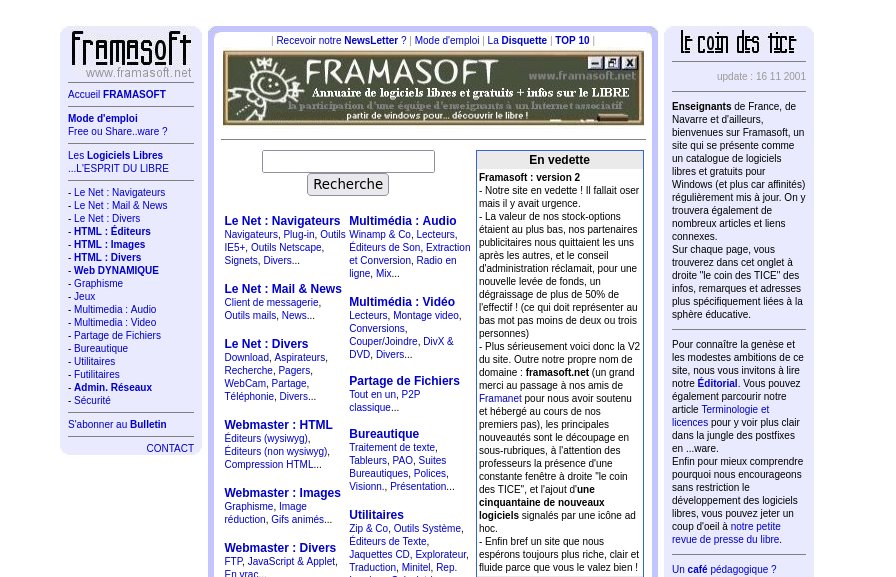 Capture écran de la page d'accueil de Framasoft.net en 2001, telle que présentée sur <a href="http://web.archive.org/web/20011116105007/http://www.framasoft.net/" target="_blank" rel="noopener">archive.org</a>