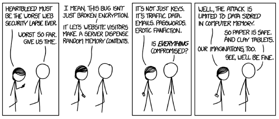 Les effets dévasteurs de la faille Heartbleed : Strip de XKCD (CC-BY-NC)