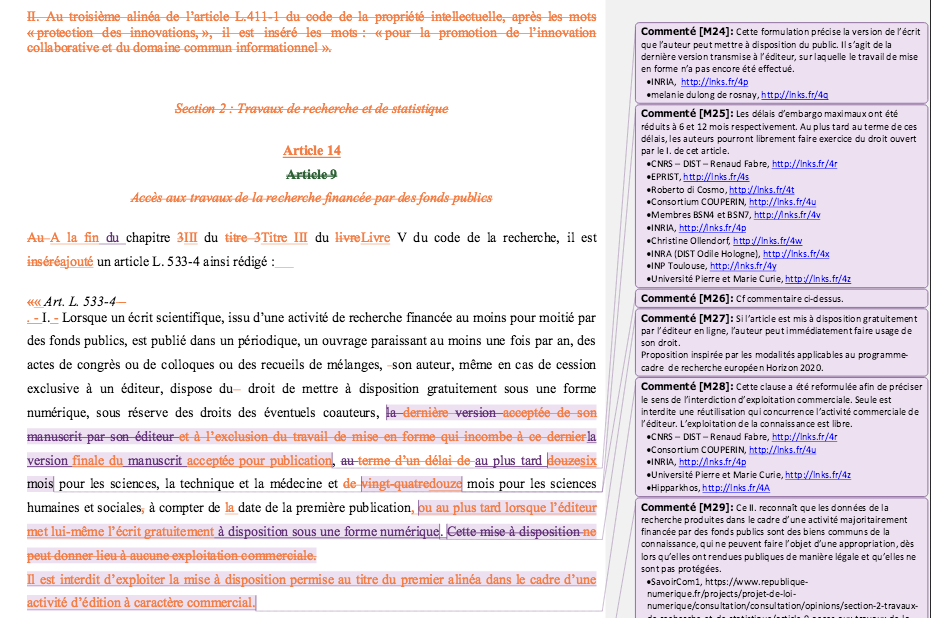 Exemple du système de rédaction collaboratif de la proposition de loi sur le numérique