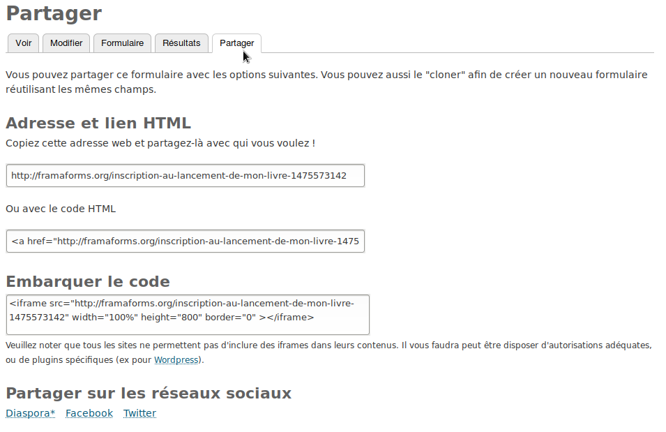 Possibilités offertes pour partager son formulaire