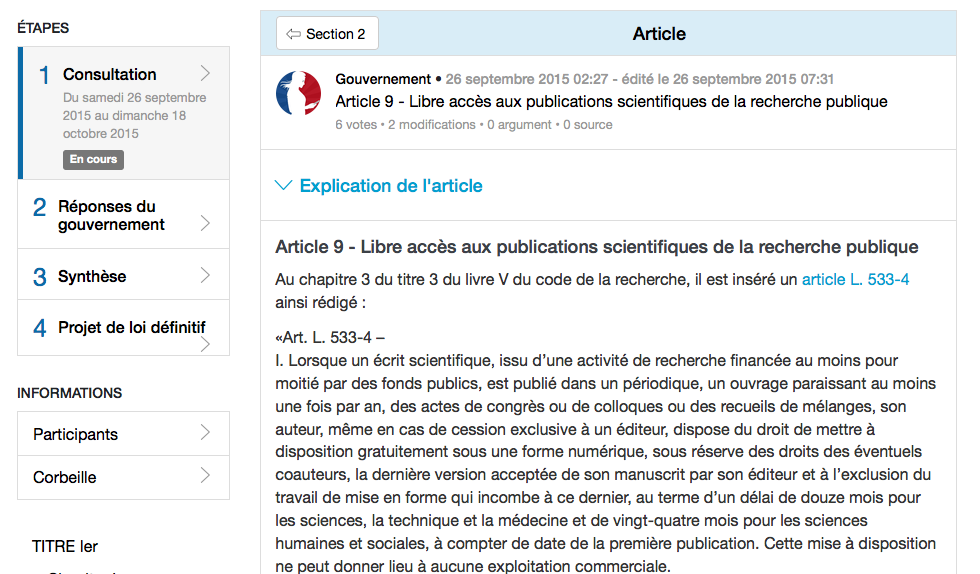 L'art. 9 sur le libre accès dans la plate-forme Republique Numérique